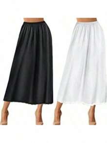 1pc/2pcs Women Satin Contrast Lace Lining Skirt, New Anti-Sheer Anti-Flashing Ruffle Hem A-Line Skirt, Matching Outfit - Multicolor - View 2