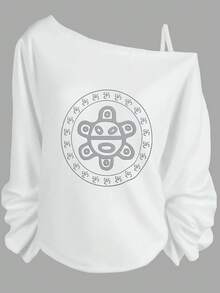 Valentine Outfits For Women, Unique Symbolic Print, Casual Off-The-Shoulder Long Sleeve Top, Edgy Streetwear, Date Night, Festival Attire,Essentials Hoodie,Summer Outfits For Women,Spring Tops - White - View 7