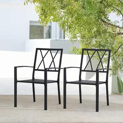 2-Piece Metal Patio Furniture Set, Outdoor Chairs Set Of 2 Stackable Dining Chairs & Sillas Para Patio Exterior, Black Garden Chairs For Porch