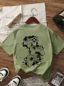 1 pieza Camiseta de manga corta con estampado gráfico de videojuegos para niño preadolescente, parte superior de verano para estudiantes jóvenes - Verde Oliva - Ver 6