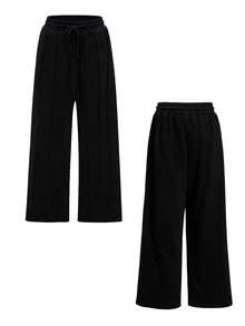 2026 Spring/Summer Women's Black Wide Leg Casual Sweatpants, Drawstring Waist, Side Pockets, Loose Fit - Black - View 10