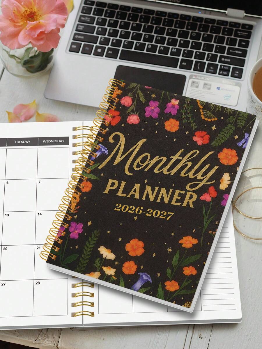 Trees 2026-2027 年月度计划本，A5 螺旋装订月度笔记本，简约月度日程安排本，适用于工作、家庭、学校，办公用品，情人节特惠 - 黑色 - 查看 1