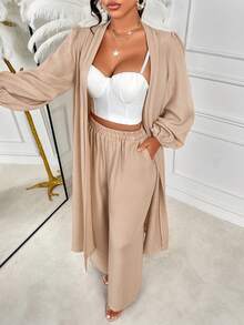 AIJ Amarilo Ladies' Longline Coat And Wide-Leg Pants Two Pieces Set - Casual, Elegant & Romantic Style, Solid Color Design, Suitable For Daily Wear And Holiday Trips - Khaki - View 6