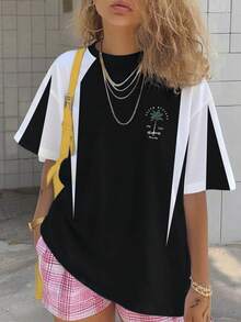 Camiseta de mujer con estampado de letras, estilo casual de parches y contraste de colores, cuello redondo, manga corta. Estilo resort de moda, artículo esencial diario. Camiseta gráfica de mujer, top negro de mujer - Negro - Ver 4