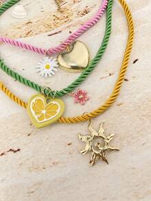 ZA 女士彩色多层项链 - 编织绳珐琅吊坠 | 柠檬心形雏菊旭日图案 | 情人节礼物 海滩度假配饰