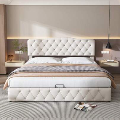 Upholstered Bed 180*200 With Slatted Frame And Headboard, Youth Bed, Upholstered Bed With Height-Adjustable Headboard, Storage Bed, Wooden Slat Support, Easy Assembly, PU, White