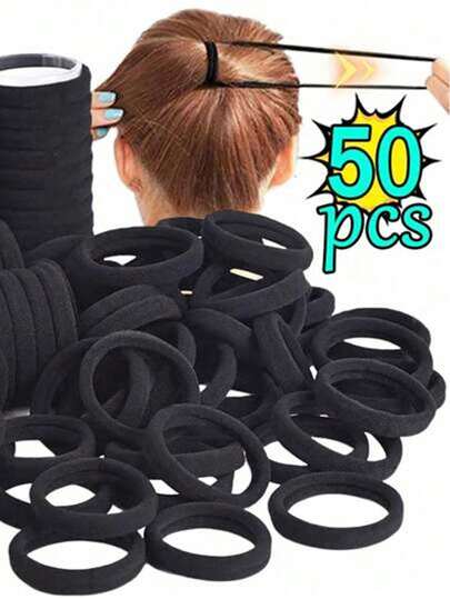 50pcs Black Solid Color Hair Scrunchies, Elegant And Versatile, Suitable For Daily Wear, Casual, Party, Commute, Vacation, Ponytail, Bun, Face Washing, Makeup, Outfit Accessory Head Accessories