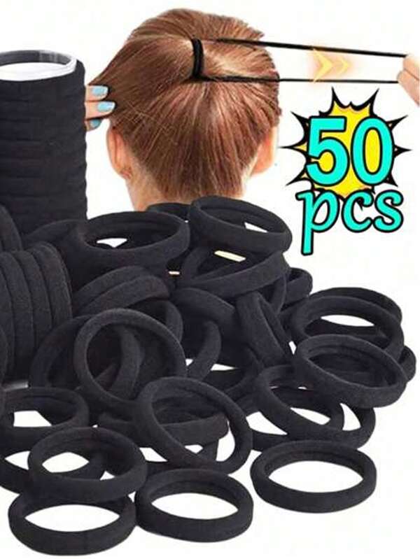 50pcs Black Solid Color Hair Scrunchies, Elegant And Versatile, Suitable For Daily Wear, Casual, Party, Commute, Vacation, Ponytail, Bun, Face Washing, Makeup, Outfit Accessory Head Accessories