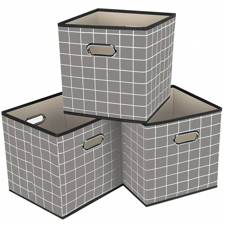 Black Foldable Storage Cubes Bins, Fabric Storage Box Cubes Organizer Baskets With Dual Handles For Home Organizer,Set Of 3,(Grey Grid) - Greygrid - View 1