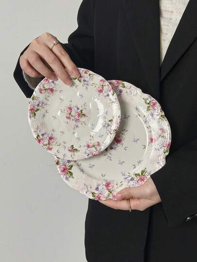 1 Stück/2 Stück/4 Stück französische rosa Rosen Blumen geprägte Keramikteller, westliche Dessert Steak Pasta Salat Brot Frühstücksteller, Geschirr für Zuhause, Partys, Feiertage, Geschenke