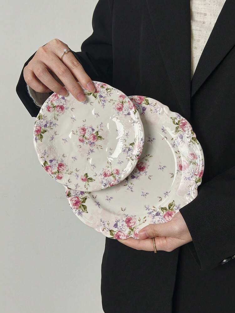 1pc/2pcs/4pcs French Pink Rose Floral Embossed Ceramic Plates, Western Dessert Steak Pasta Salad Bread Breakfast Plates, Tableware For Home Party Holiday Gifts - Multicolor - View 1