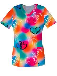 Valentine's Day Colorful Heart Print V-Neck Short Sleeve Nurse Uniform Top With Pockets, Suitable For Staff Spring - Multicolor - View 3