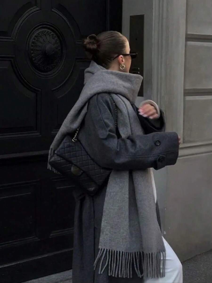 1 pieza Bufanda de cachemira de unicolor con flecos de alta calidad para otoño/invierno, chal de moda casual resistente al viento y cálido, cómoda bufanda de manta, adecuada para uso diario