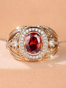 1pc Elegant Classic Red Oval Zirconia Wide Band Ring, Decorated With Exquisite Pattern, Women's Fashion Classic Jewelry, Party Jewelry - Red - View 2