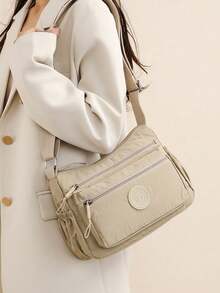 Casual Nylon Shoulder Bag With Adjustable Strap, Multi-Compartment, Solid Color, Zipper Closure, Polyester Lining, Lightweight And Convenient Crossbody Bag For Daily Use - Khaki - View 2