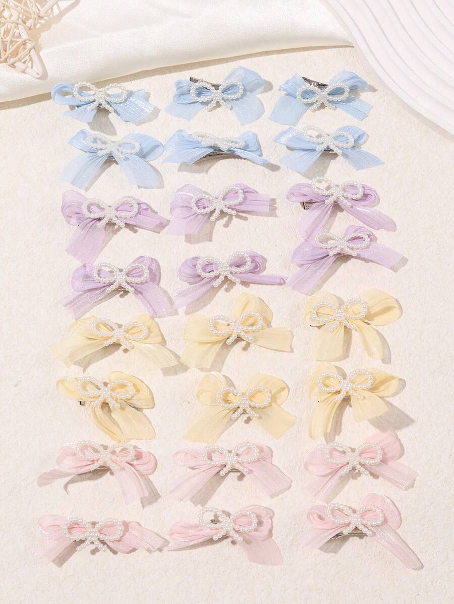 6个装女孩可爱珍珠网纱蝴蝶结发夹，适合日常佩戴 - 彩色 - 查看 1