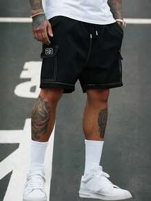 1 件男士拼色印花休闲短裤，户外健身跑步运动训练健身房宽松短裤，百搭日常通勤时尚街头嘻哈夏季沙滩度假短裤 - 黑色 - 查看 1
