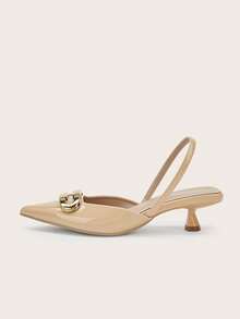 女士高跟鞋，新款春夏尖头凉鞋，优雅椭圆形金属扣装饰，女士猫跟，细带穆勒凉鞋，通勤休闲皆宜，低跟不累脚 - 杏色 - 查看 6