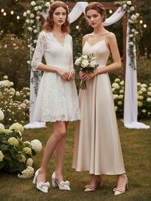 1双蝴蝶结镂空凉鞋，新款珍珠粗跟尖头婚鞋，女士，情人节 - 白色 - 查看 5