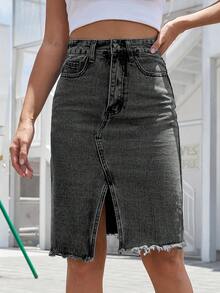 快乐女孩休闲牛仔裙，时尚优雅，适合春夏穿着，休闲、正式、度假、旅行、机场等场合皆宜，开衩毛边设计。 - 灰色 - 查看 4