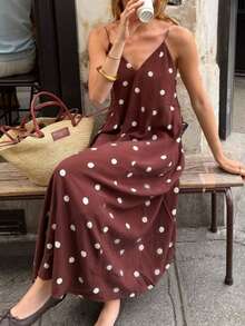 Elegant Burgundy Polka Dot V-Neck Sleeveless Maxi Dress, Woven Fabric Party Summer - Burgundy - View 1