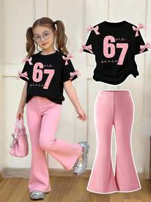 少女数字印花短袖上衣和喇叭裤套装 - 黑色 - 查看 1