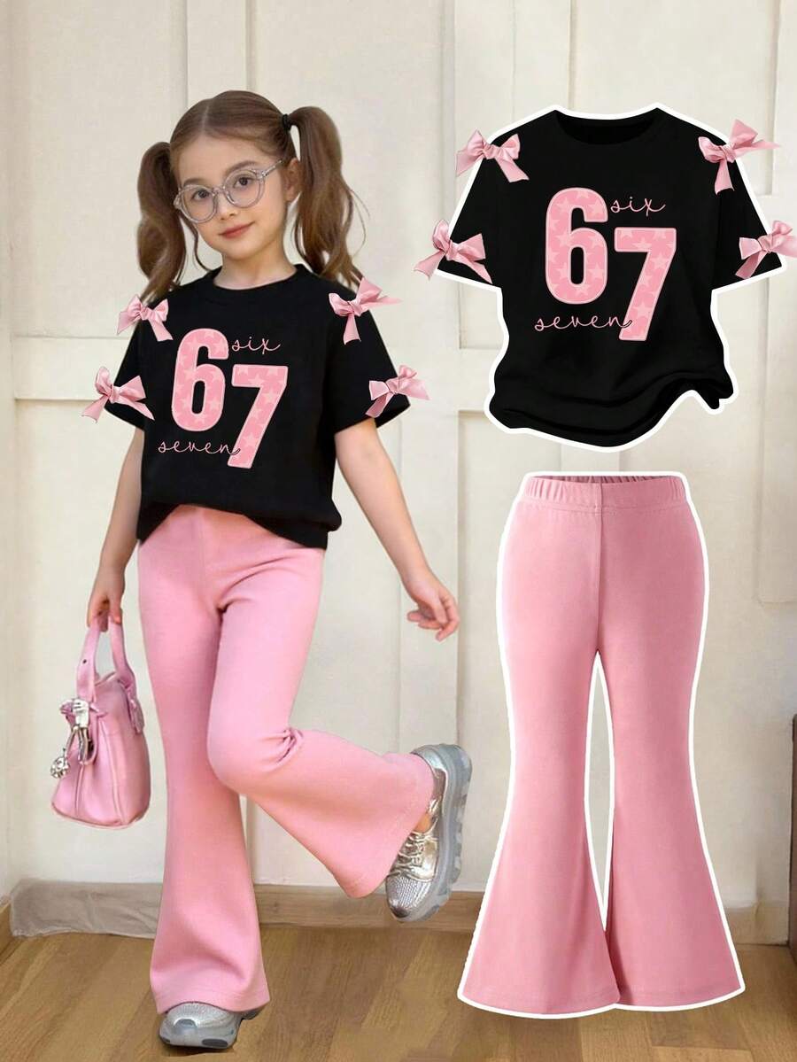 少女数字印花短袖上衣和喇叭裤套装 - 黑色 - 查看 1