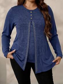 Plus Size Women Casual Rhinestone Embellished Top, Elegant Versatile Round Neck Long Sleeve Top, Suitable For Daily Wear, Spring/Summer - Purple - View 6