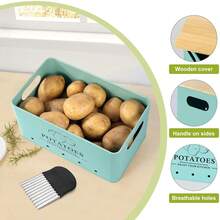 Kitchen Vegetable Storage Set Of 3, Metal Onion Garlic Potato Storage Set, Kitchen Canisters Vegetable Keeper Containers With Aerating Holes And Wooden Lid (Blue) - Blue - 查看 4