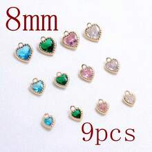 1个/9个心形吊坠，镶有水钻，可用于DIY手链、耳环、珠宝配饰