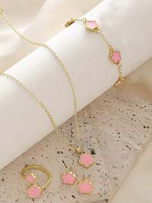 5pcs/Set Teenage Jewelry Set, Includes Clover Pendant Necklace, Bracelet, Earrings, Bangle And Ring, Elegant Fashion Gift Set