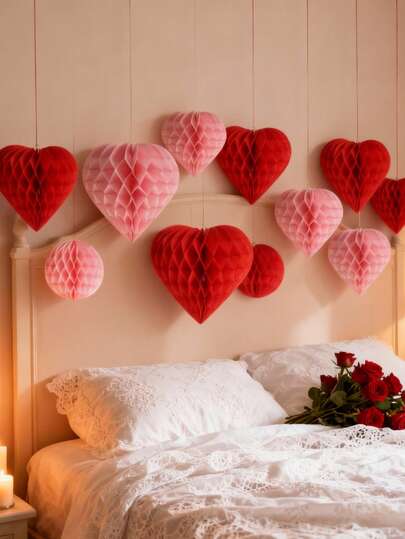 6pcs/Set - Valentine's Day Red Honeycomb Heart Shaped Decorative Balls, Valentine's Day Themed Paper Honeycomb Balls, Valentine's Day Party Decorative Honeycomb Balls, Suitable For Holidays, Malls, Homes, Offices And Romantic Decor. Pink And Red Paper Heart Shaped Honeycomb Balls, Perfect For Valentine's Day, Birthday Party Decor, Wedding Party Decor.