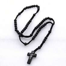 Wood Bead Rosary Necklace 1-Piece - Handmade Adjustable Cross Pendant, Natural Spiritual Jewelry For Men & Women - 黑色 - 查看 1