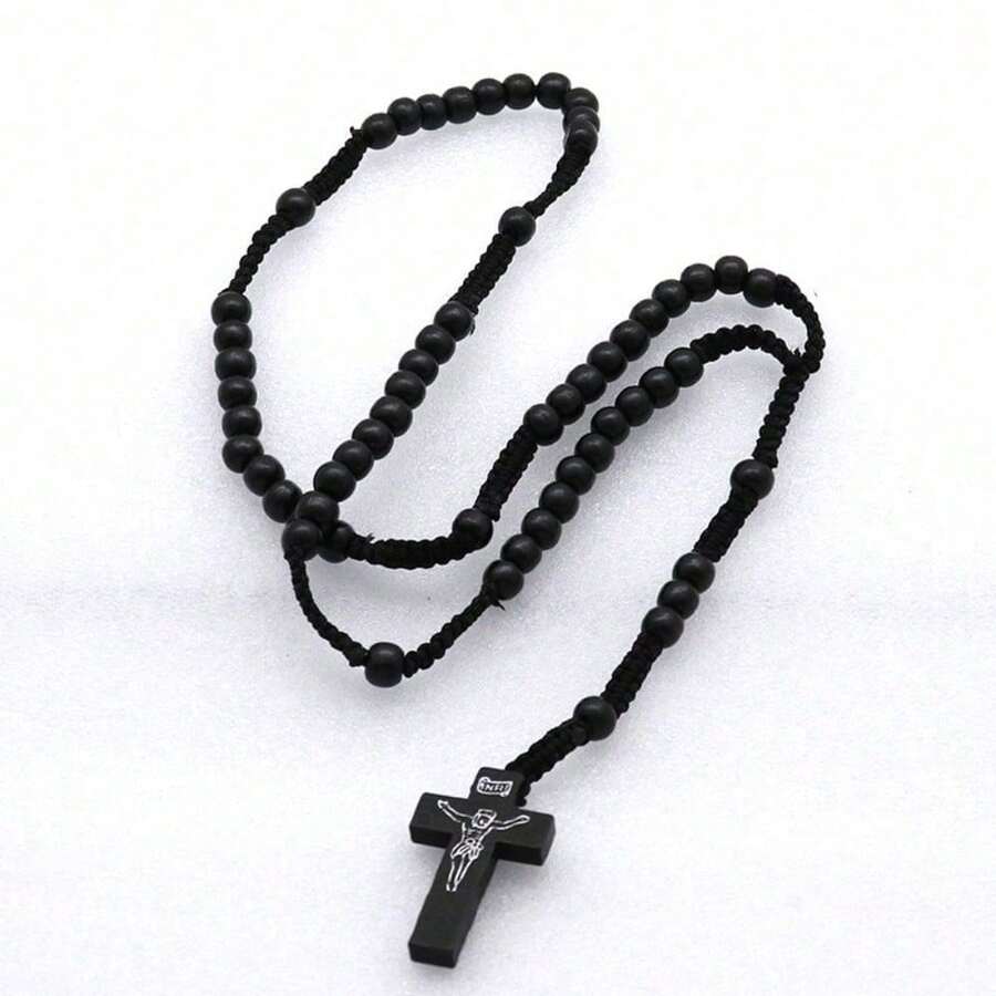 Wood Bead Rosary Necklace 1-Piece - Handmade Adjustable Cross Pendant, Natural Spiritual Jewelry For Men & Women - 黑色 - 查看 1