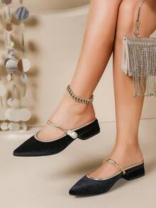 Women's New Pointed Toe Low Heel Mules, Fashionable Slip-On Mary Jane Shoes - Black - View 4