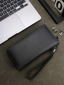 HOVI'S 男士长款拉链钱包 - 棕色高品质布料钱包，饰有老鹰压纹，可拆卸卡套和腕带，12个以上卡位+手机隔层，2024商务钱包