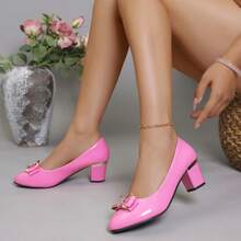 Geeyea Women's Sandals, Women's Classic Slip-On High Heels, Metal Bow Design, Artificial Leather Glossy Leather Surface, Comfortable Foot Feel, Suitable For Daily Travel And Various Work Occasions, Local Warehouse - 粉色 - 查看 2