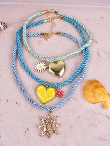 ZA 女士彩色多层项链 - 编织绳珐琅吊坠 | 柠檬心形雏菊旭日图案 | 情人节礼物 海滩度假配饰