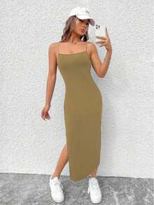 Viscolycra Spaghetti Strap Dress With Side Slit - Khaki - View 1