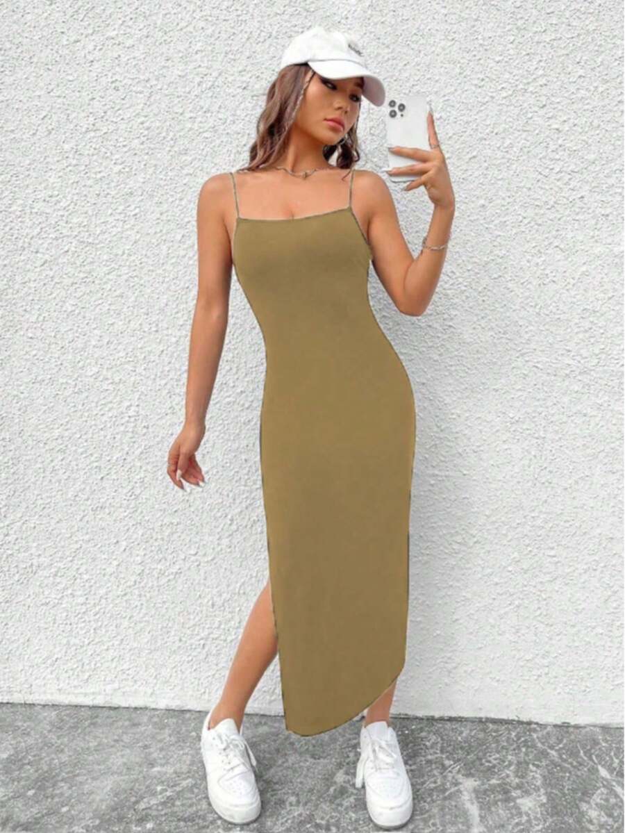 Viscolycra Spaghetti Strap Dress With Side Slit - Khaki - View 1