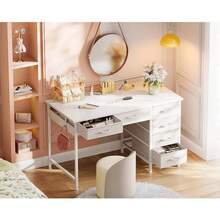 Computer Desk With 6 Drawers, 40 Inch Small Desk With Storage, Reversible Desk With Headphone Hook For Home Office, Work Study Table For Bedroom, White - White - View 3