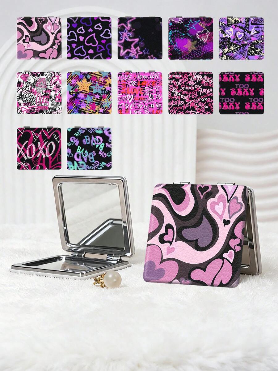 1pc Y2K Millennium Series Compact Folding Makeup Mirror, Lightweight, Ultra-Thin, PU Leather, Suitable For Various Occasions: Travel, Gatherings, Work, School, Suitable For All Ages - Multicolor - View 1