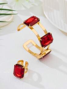 Bộ 2 món trang sức sang trọng, thời trang, thiết kế độc đáo hình vuông bằng kim loại đính đá giả + 1 chiếc nhẫn điều chỉnh được, thanh lịch, thích hợp cho phụ nữ đeo hàng ngày và làm quà tặng. - màu đen - Xem 6