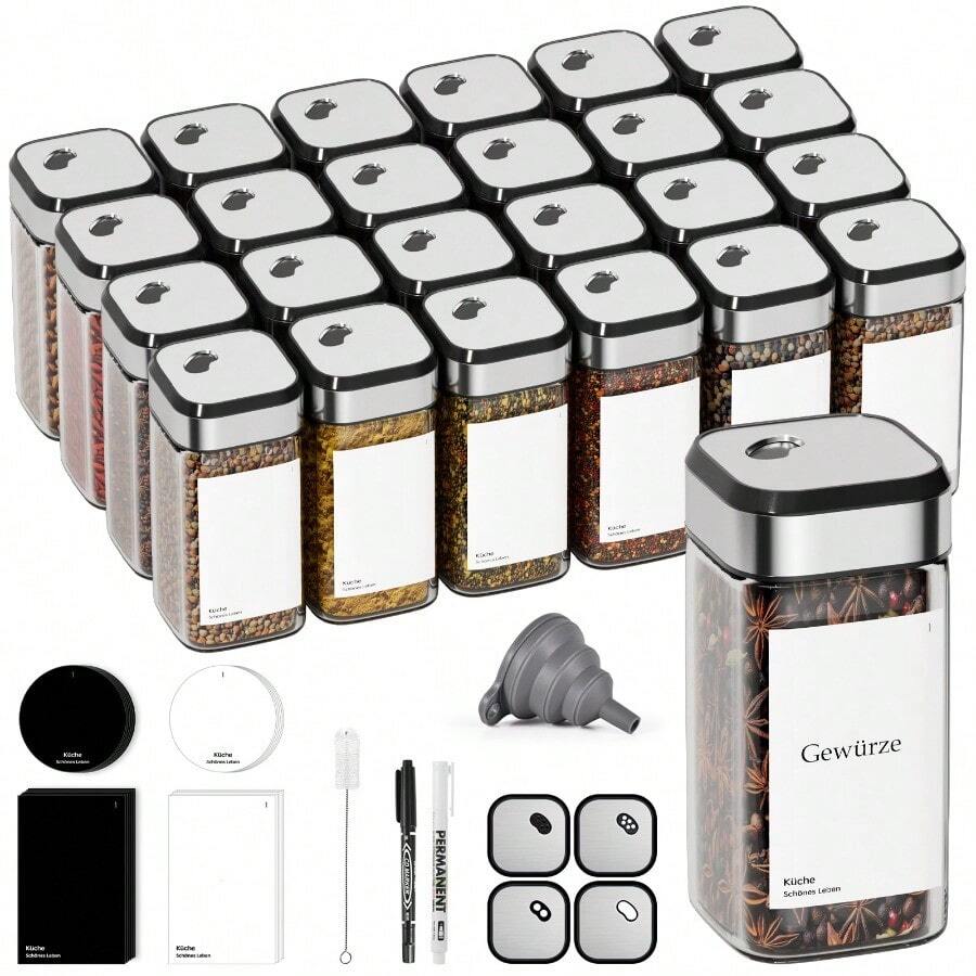 Miorkly 12/24/35 carré bocaux à épices, 120ml bocaux à épices avec inserts d'appliqueurs, bocaux à épices avec couvercles à visser - hermétiques, en verre d'acier inoxydable, comprennent des entonnoirs, des étiquettes et des stylos - bocaux à épices - rangements d'épices, cuisine, bocal à épices en verre, organisateur d'épices de cuisine, décorations d'automne, Noël