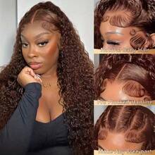34 Inches Chocolate Brown Curly Lace Front Wigs Colored  Human Hair Wigs Pre Plucked Deep Wave 13X4 Hd Lace Frontal Brazilian Wig - S4 - Xem 4