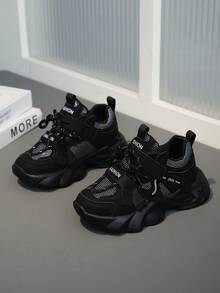 Kids' Fashion Sneakers, Low-Top Mesh & Faux Leather, Breathable & Comfortable, Shock-Absorbing Running Shoes, Striped & Random Patterns, Hook And Loop & Lace Closure, Suitable For Outdoor Activities, All Seasons, Casual & Hiking, Ages 14 & Under - Black - View 3