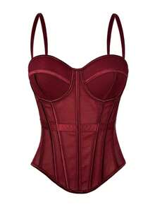 Women's Solid Color Corset-Style Brown Backless Mesh Camisole With Bra, Autumn/Winter Lingerie Casual Black - 酒紅色 - 查看 13