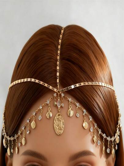 1pc Bohemian Style Shell Tassel Crystal Metal Chain Hair Accessory, Women's, Party Gift (Handmade Chain Can Be Trimmed To Size, Varying Amounts Of Crystals And Shells)