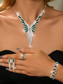 3pcs/4pcs/5pcs/Set Luxury Bridal Full Crystal Jewelry Set, Including Necklace And Earrings, Red,Silver, Green, Black (Multiple Choices) - Silver - View 3