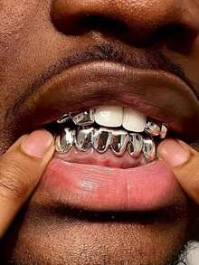 2026 New Collection Of Fine Jewelry2pcs/Set Hip-Hop Hollow Out Heart Stick Diamond Double Tooth Set, Daily Street Fashion Cool Smooth Gold Teeth - 銀-3 - 查看 1